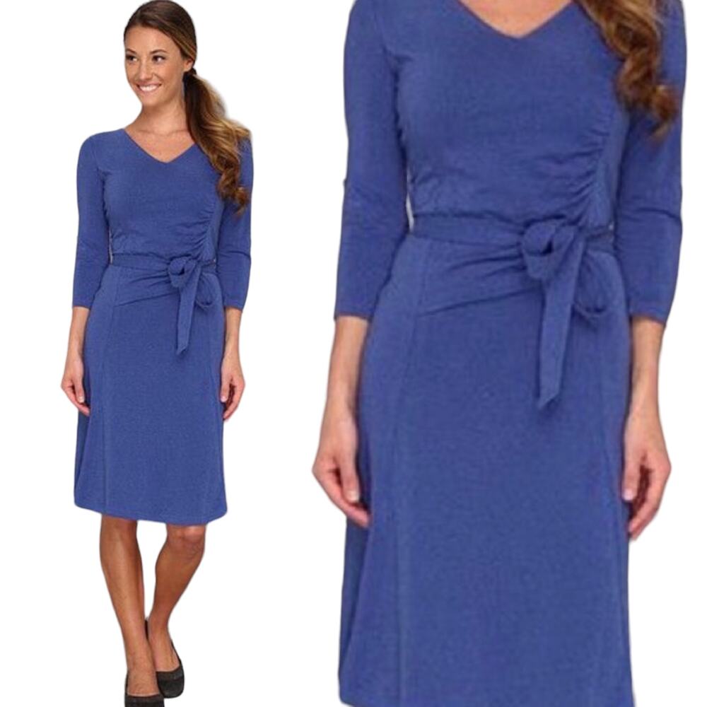 Kuhl Organic Cotton Jersey Knit Salza Dress Ruched Bodice Tie Belt V Neck Blue S